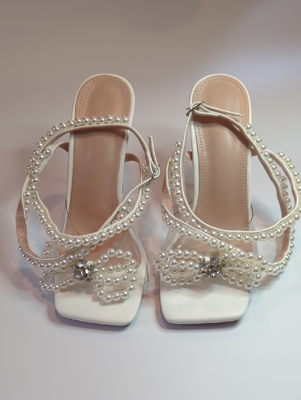 Faux Pearl Bow Detail Heeled Sandles Size 8.5